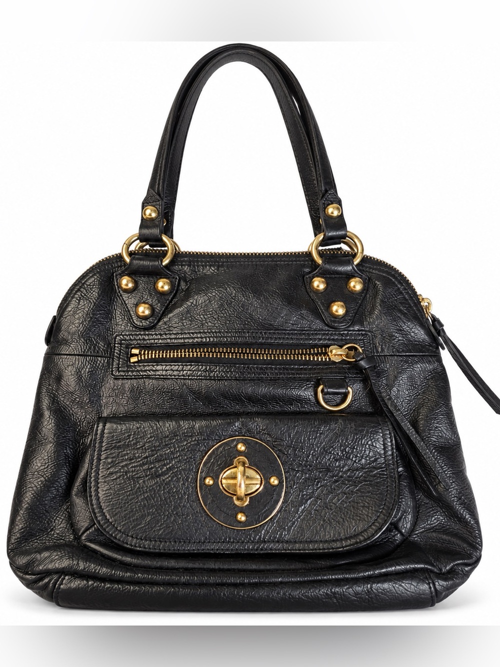Kate Landry Black Satchel Shoulder Bag Gold Tone Studs Turn Lock Pockets Y2K